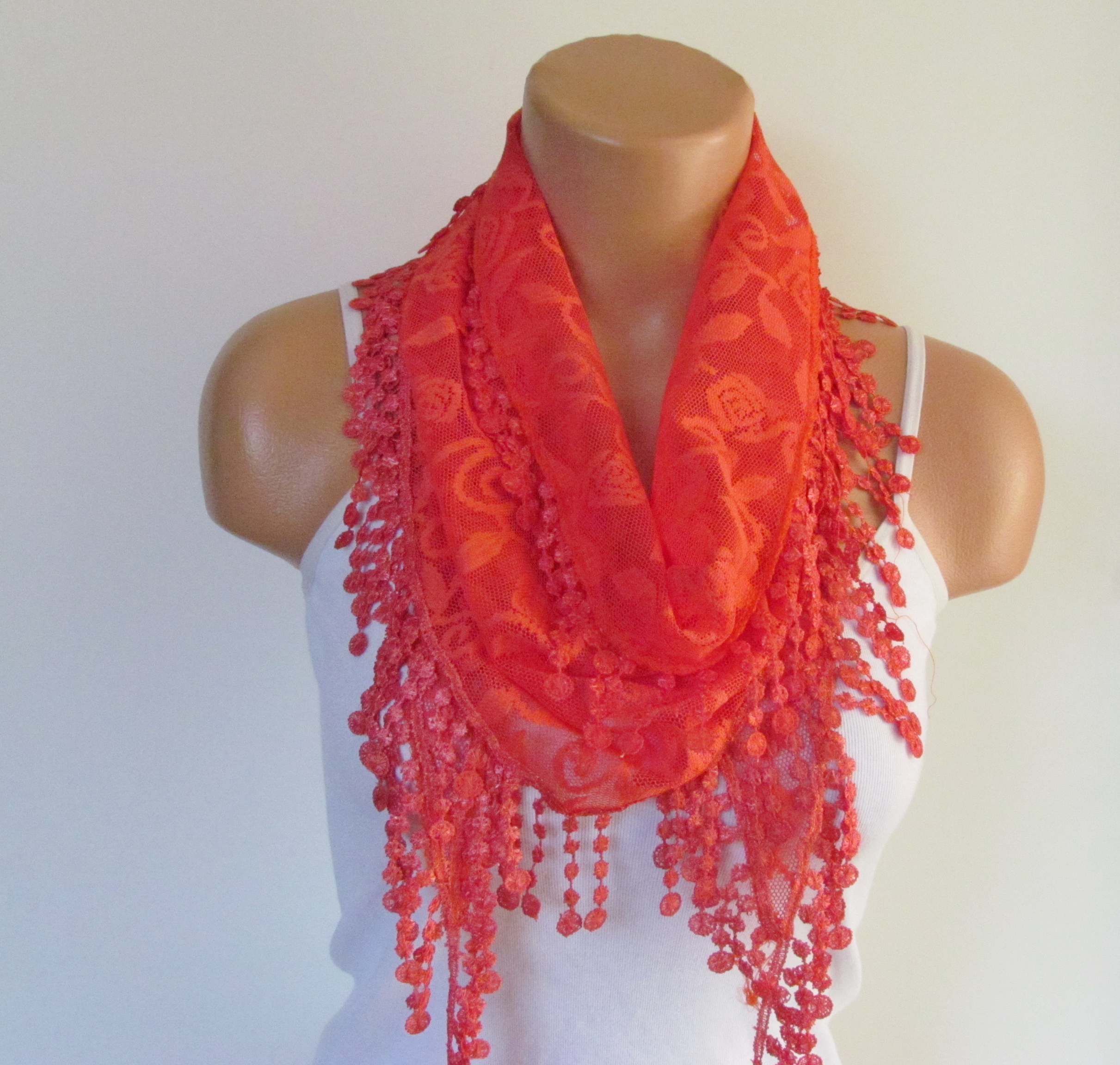 Red Lace Scarf With Fringe New Season Scarf-Headband-Necklace- Infinity ...