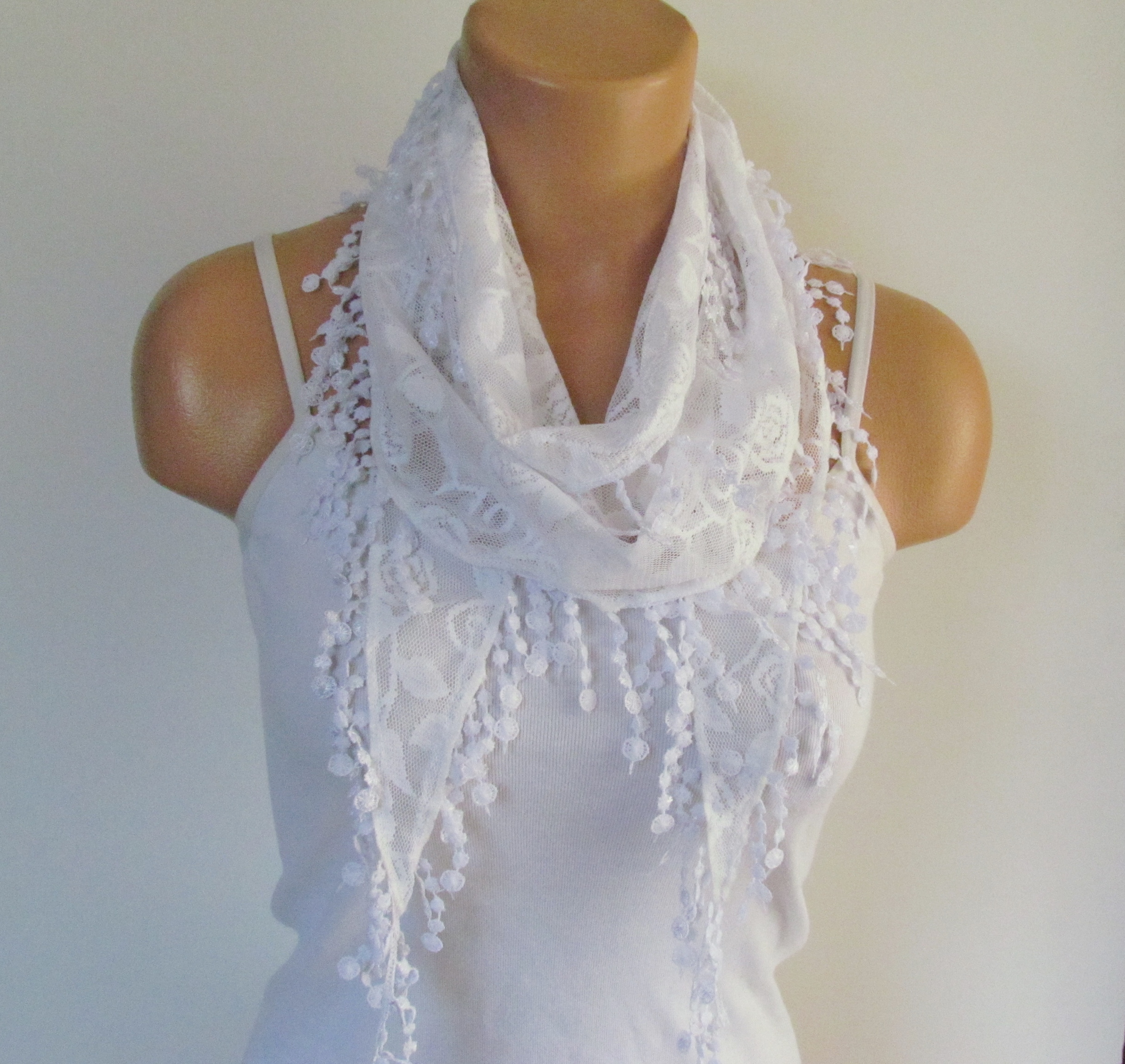 White Lace Scarf With Fringe New Season ScarfHeadbandNecklace