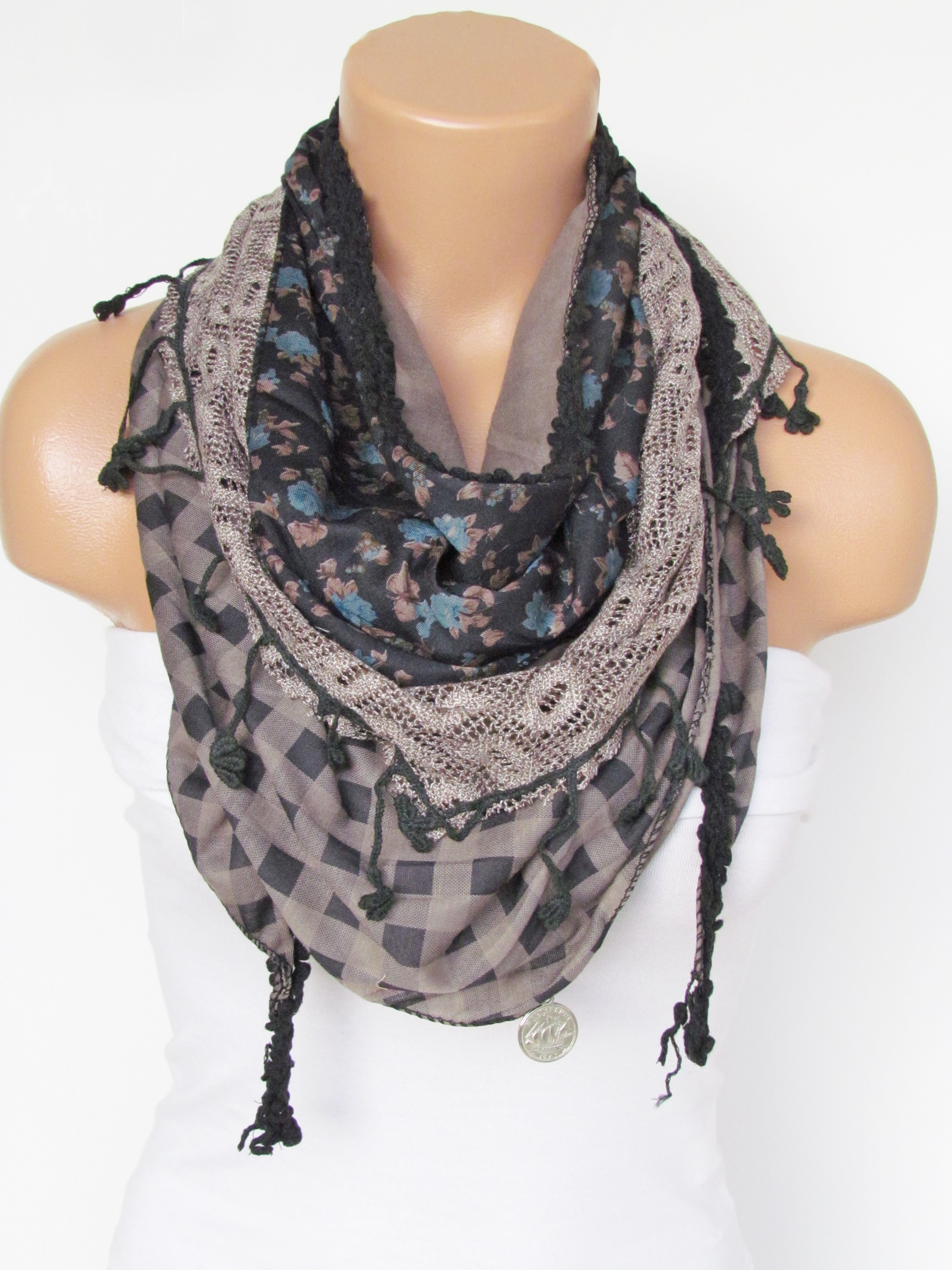 Triangle Scarf With Fringe And Lace-Winter Shawl Scarf-Winter Fashion ...